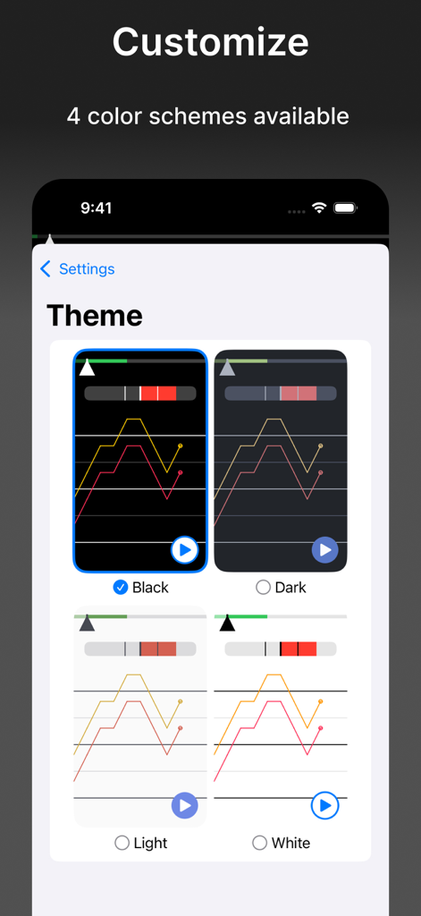 VocalTuner - VocalTuner app settings screen showing four different color theme options for the pitch visualization interface