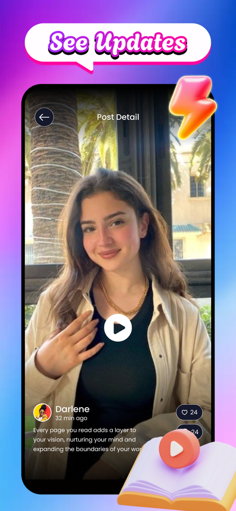 Vilo: Record & Explore More - Captura de pantalla de la aplicación Vilo que muestra la publicación de un usuario con un pie de foto sobre lectura y reflexión.