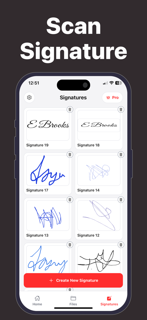Signature Scanner: Sign PDF - Digital signature library interface showing multiple scanned handwritten signatures