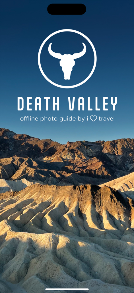 Death Valley Offline Guide - Death Valley Offline Guide app splash screen featuring a desert landscape and a bull skull icon.