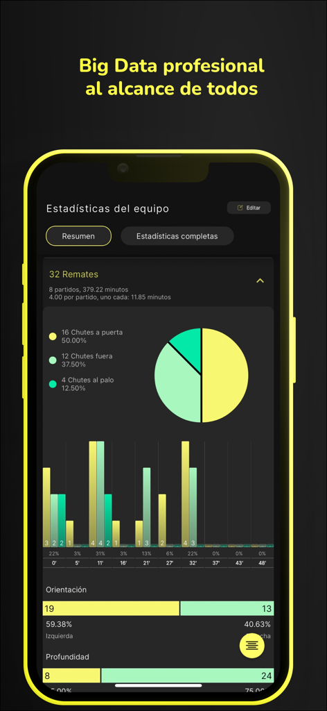Interface do aplicativo Teamtag mostrando estatísticas detalhadas da equipe de futebol e gráficos de análise de chutes.