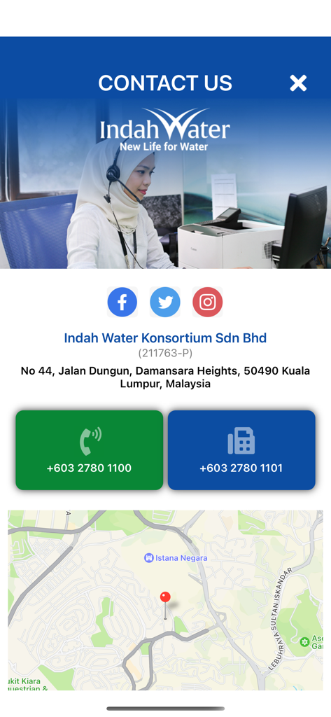 Indah Water - Indah Water app contact page with phone numbers office address and map location