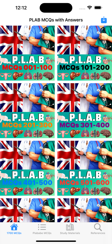 Grid of multiple choice question sets in the PLAB Question Bank app for medical exam preparation.