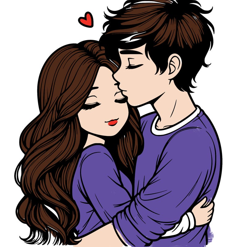 a realistic couple boy and girl hugging and kissing