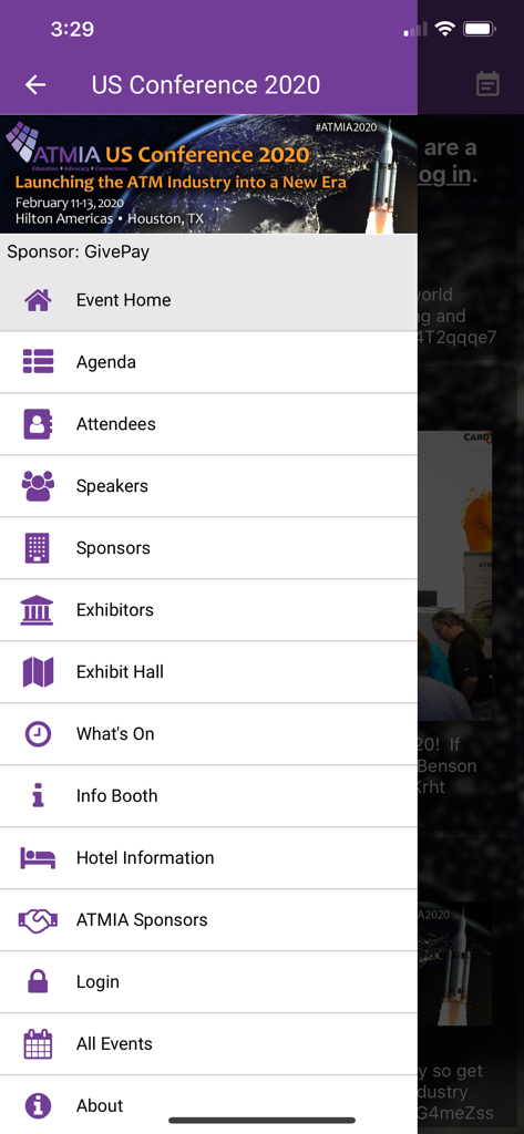 ATMIA - Navigation menu of the ATMIA mobile app for the US Conference 2020 showing agenda, speakers, and exhibit hall options.