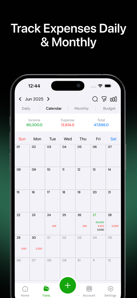 Interfaz de la aplicación Money Manager que muestra una vista de calendario para rastrear gastos diarios y mensuales.