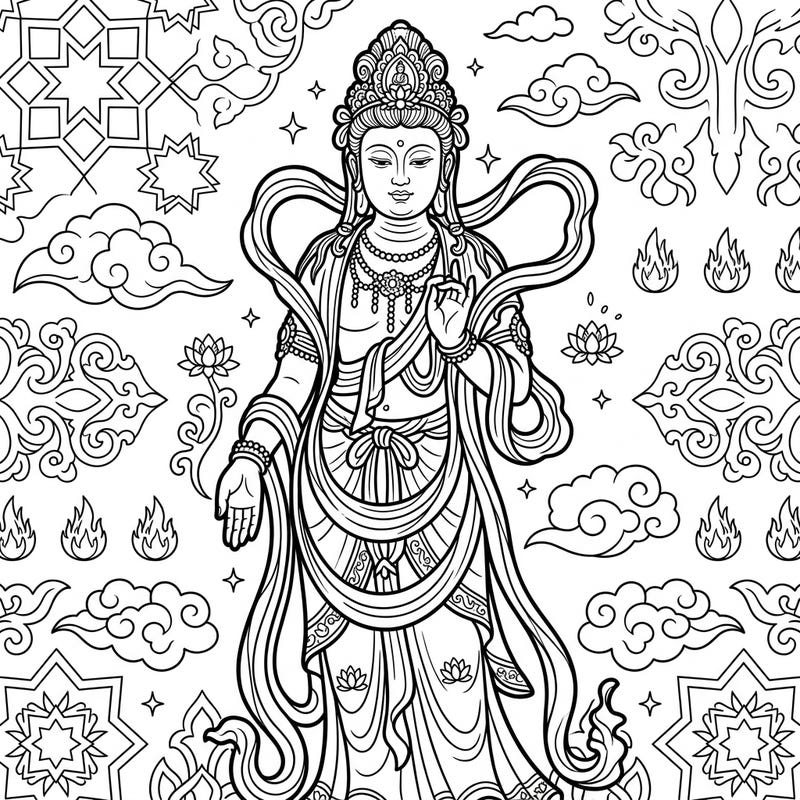Discover a magnificent religious figure sculpture, intricately designed for a deeply meditative coloring experience. This detailed linear art template invites you to infuse vibrant life into a sacred image and its symbolic surroundings.