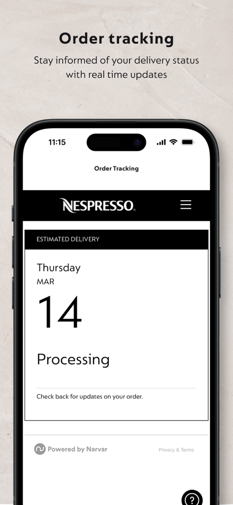 Nespresso Store - Nespresso Storeアプリのインターフェースに、注文追跡と推定配達状況が表示されています。