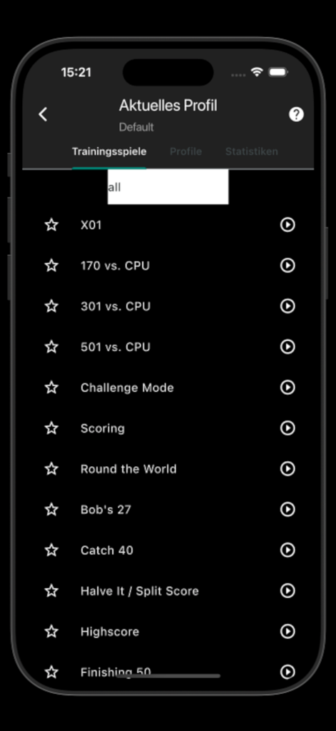 My Dart Training (Premium) - A screenshot of the My Dart Training app showing a list of training game options like X01 and Round the World on a mobile screen