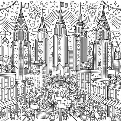 Immerse yourself in a spectacular city-wide Pride celebration with this detailed coloring page featuring majestic spire skyscrapers. Adorned with banners and filled with joyful crowds, it's a wonderful way to express love, diversity, and community through art.