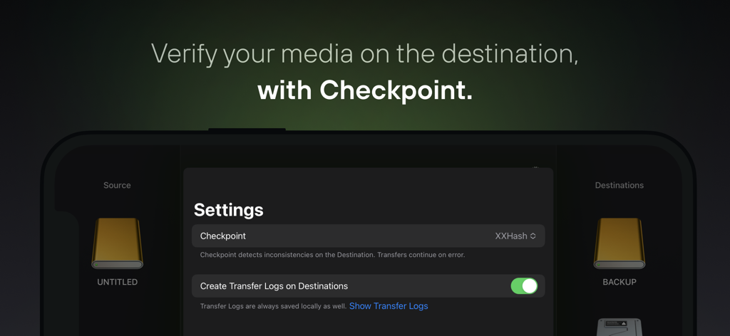 OffShoot Solo - Écran de l'application OffShoot Solo montrant les paramètres de vérification Checkpoint et les options du journal de transfert pour la gestion professionnelle des fichiers.