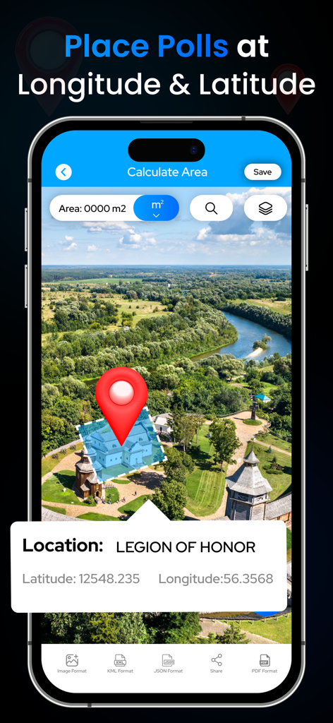 GPS Field Measure : Area Calc - GPS Field Measure app showing a location pin with latitude and longitude coordinates on a map