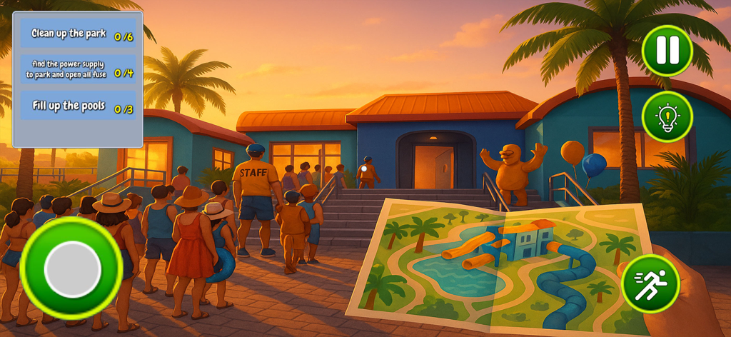 Awesome Water Fun Park Sim 3D - Vista en primera persona de un juego de simulación de parque acuático que muestra una lista de tareas y un mapa del parque al atardecer.