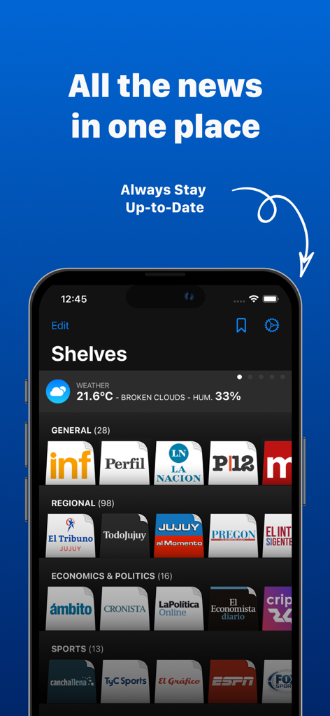 Interface do aplicativo Jornais Argentinos exibindo fontes de notícias organizadas por categorias como Geral, Regional e Esportes.