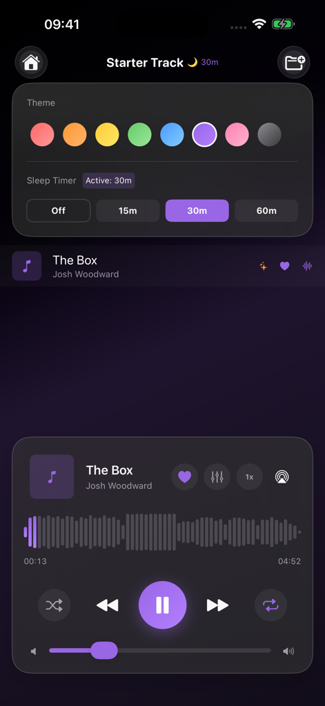 Glaze - Offline Music Player - Glaze music player interface showing a glass design with theme colors and sleep timer settings.