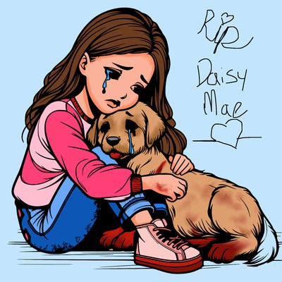 realistic girl crying with a realistic dog laying on her lap