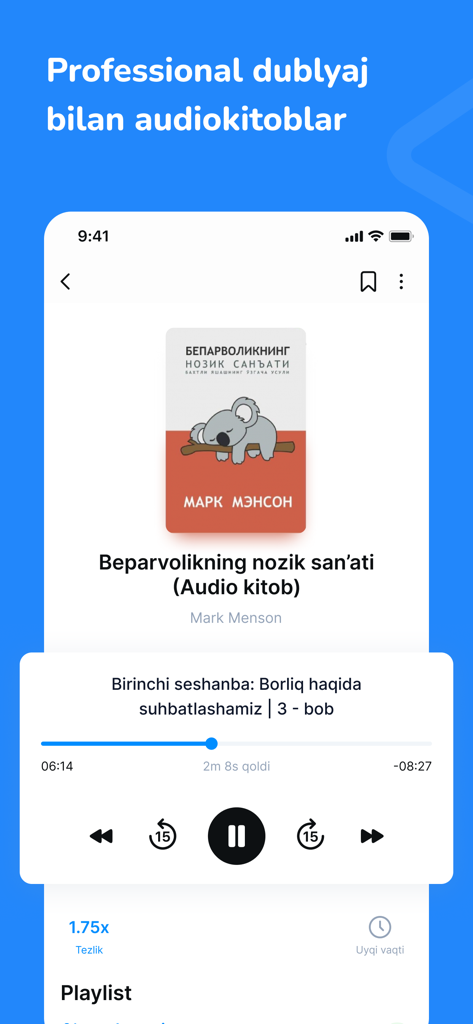 Asaxiy Books - Interfaccia del lettore di audiolibri di Asaxiy Books con una traduzione uzbeka di un libro popolare
