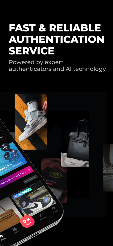 LegitApp Authentication - LegitApp mobile interface showing luxury sneaker and handbag authentication powered by AI and expert authenticators