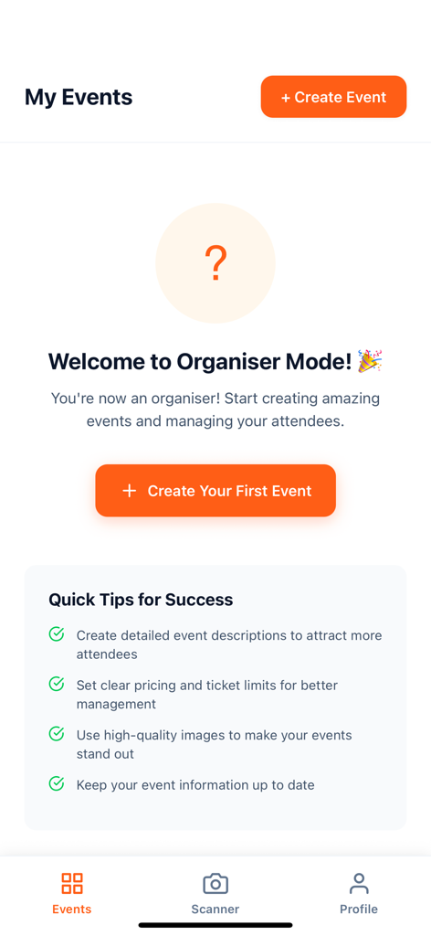 Tikiti - Tikiti app organizer dashboard screen with a create event button and tips for success
