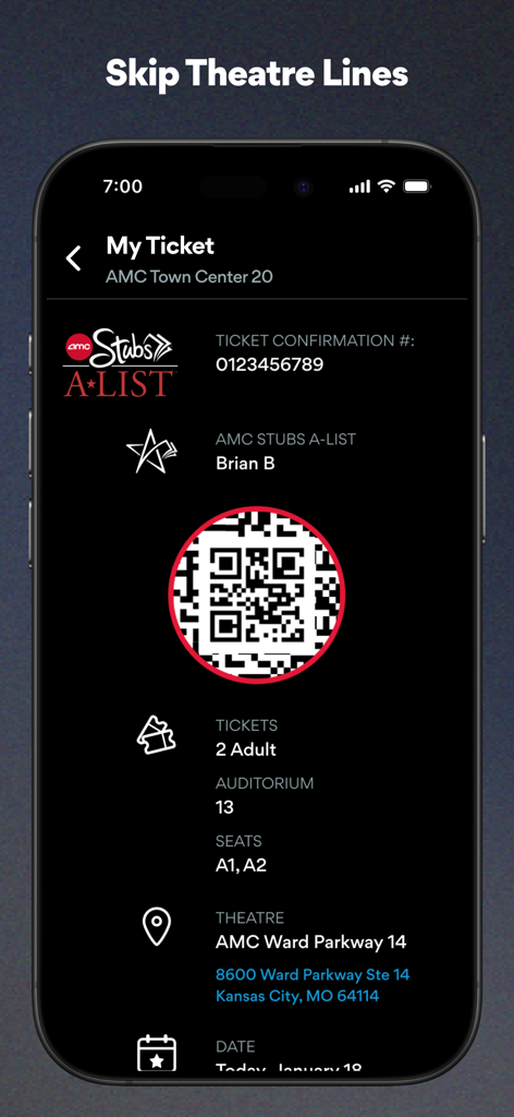 AMC Theatres: Movies & More - App AMC Theatres che mostra un biglietto del cinema digitale con un codice QR