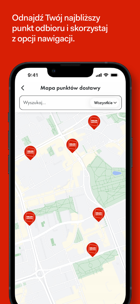 ORLEN Paczka - ORLEN Paczka app map interface showing pickup locations and navigation