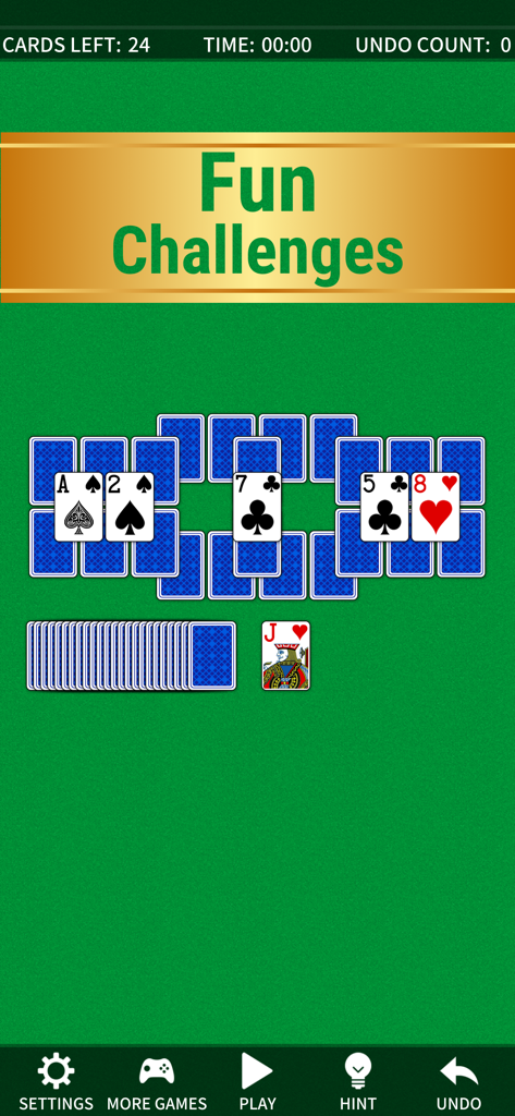 TriPeaks Solitaire Classic. - Classic TriPeaks Solitaire card game interface with Fun Challenges banner on a green background