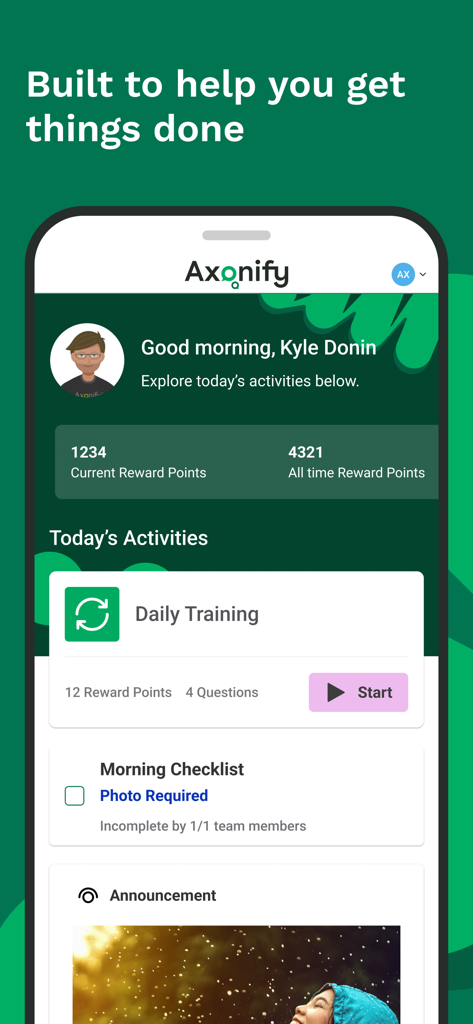 Axonify Mobile - Interface de l'application mobile Axonify affichant les points de récompense d'entraînement quotidiens et la liste de contrôle du matin