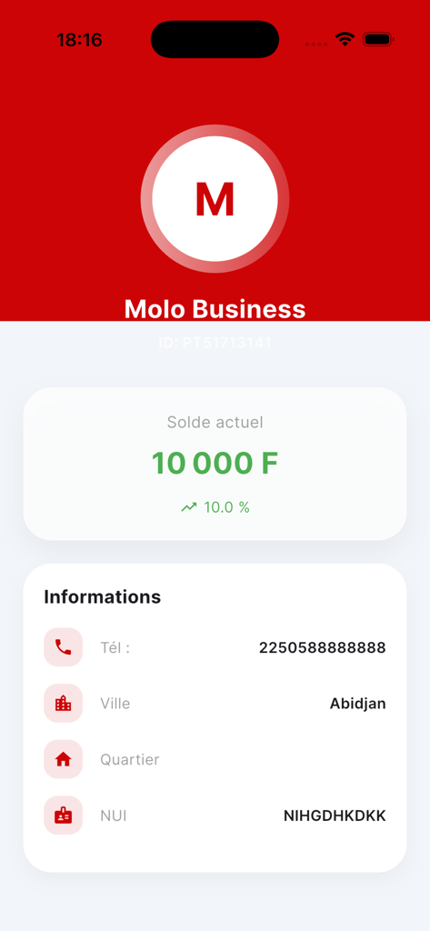Molo Business - Molo Business app interface displaying the merchant balance and business profile details