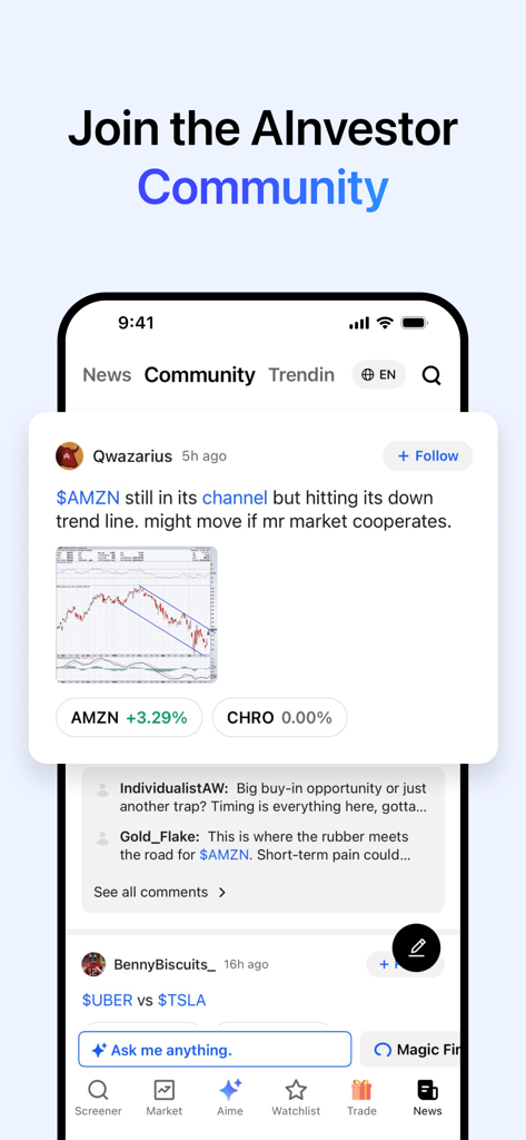 Stock Screener, AI Scanner - Amazon のような株のユーザー投稿とテクニカル分析チャートを特徴とする Ainvest アプリのコミュニティセクションのモバイルインターフェース。
