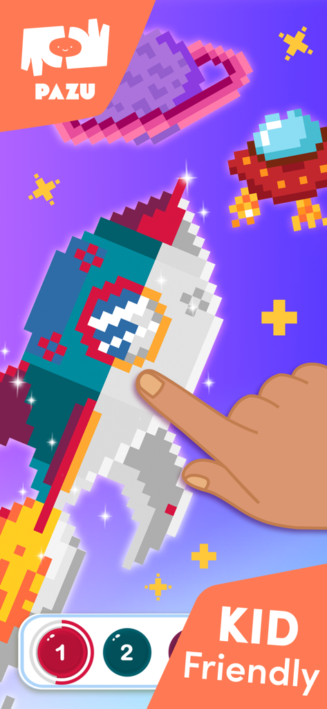 Juego de colorear pixel apto para niños que presenta un cohete y un tema espacial