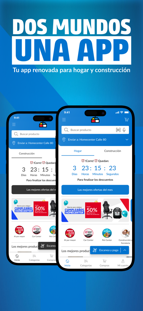 Homecenter: Hogar Construcción - Screenshot dell'interfaccia dell'app mobile Homecenter con categorie casa e costruzione e sconti promozionali