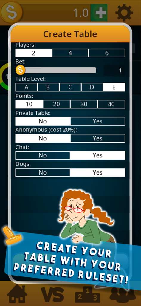 Truco Uruguayo - Screen for creating a custom game table in Truco Uruguayo showing options for players, bets, and ruleset settings.