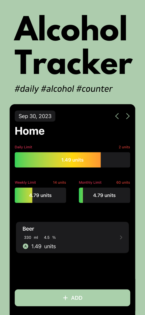 Alcohol Tracker App Dashboard zeigt tägliche, wöchentliche und monatliche Grenzwerte für Alkohol-Einheiten und einen protokollierten Biereintrag