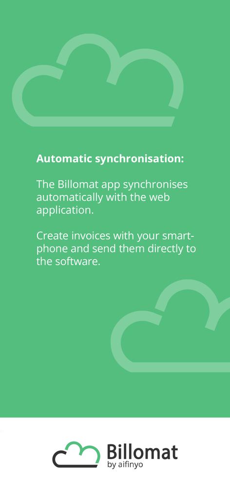 Billomat app feature highlighting automatic synchronization for mobile invoicing