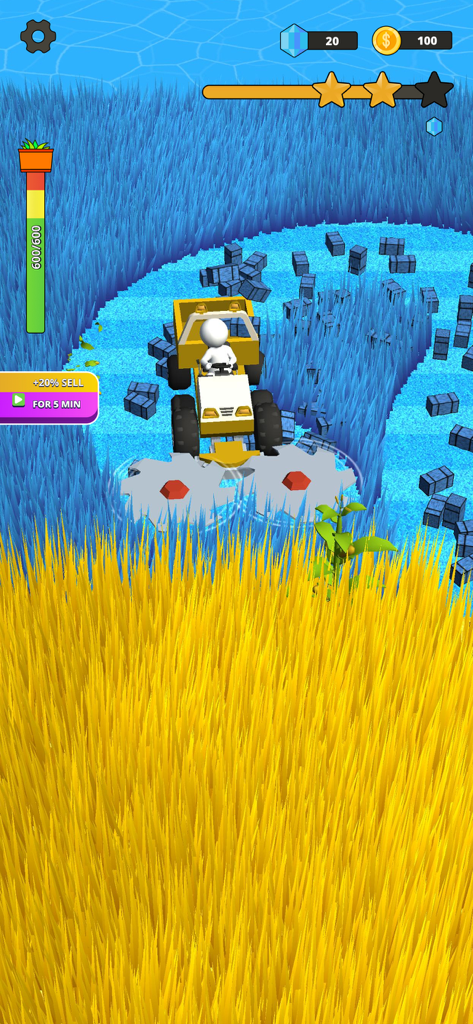 Stone Grass: Lawn Mower Game - A yellow lawnmower cutting a path through tall blue grass in the Stone Grass mobile game