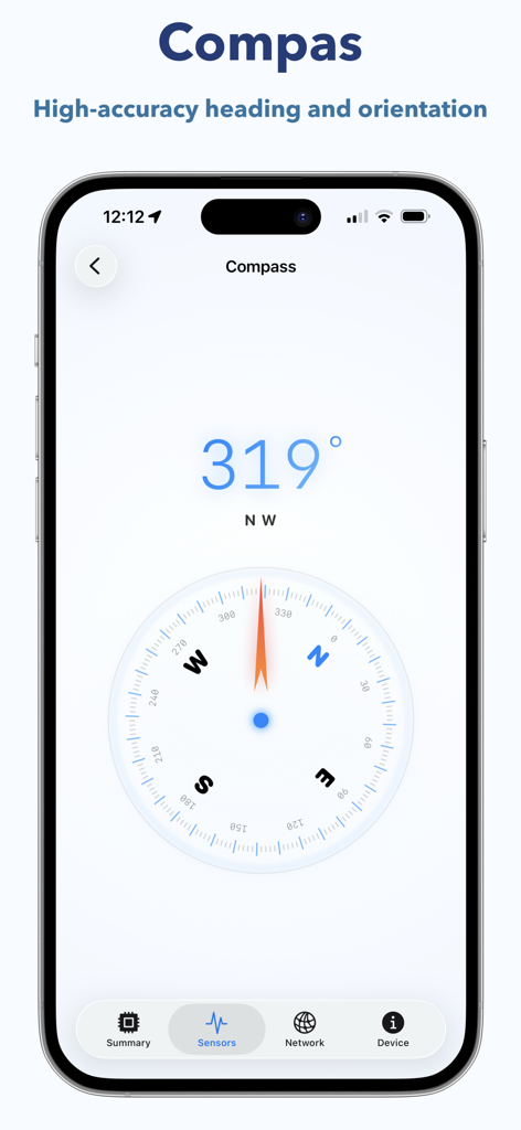 iDevice Monitor - Screenshot of the iDevice Monitor app showing a high-accuracy digital compass with a heading of 319 degrees Northwest.