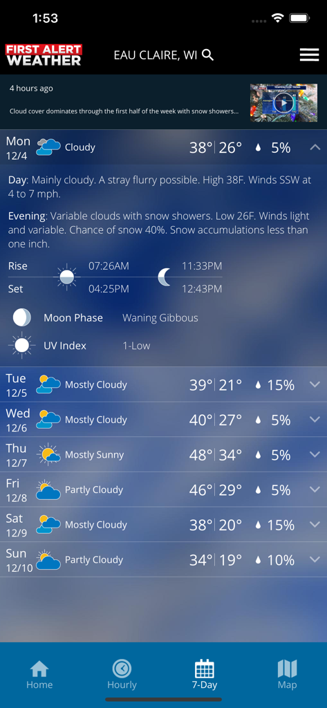 7 day weather forecast screen for Eau Claire Wisconsin in the WEAU 13 First Alert Weather app