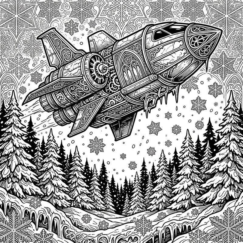 Discover a truly unique coloring experience with this intricate Gothic Victorian lander, gracefully traversing a magical winter landscape. Its detailed design, combined with a snowy backdrop, offers hours of creative enjoyment for colorists.