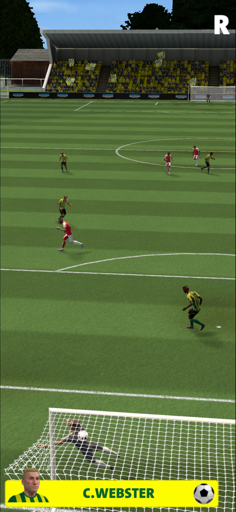 Football Club Management 2026 - Captura de pantalla de jugabilidad de Football Club Management 2026 que muestra a un portero realizando una parada durante un partido.