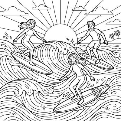 Get ready for an exciting surfing adventure with this delightful coloring page! Join cheerful longboard surfers as they glide across big ocean waves, waiting for your child's creative colors to bring them to life.