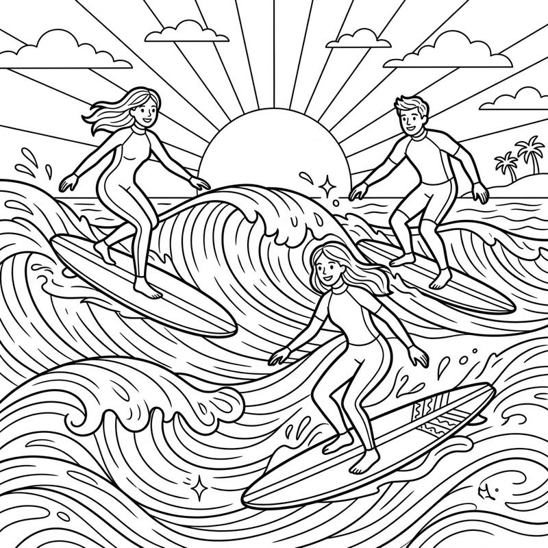 Get ready for an exciting surfing adventure with this delightful coloring page! Join cheerful longboard surfers as they glide across big ocean waves, waiting for your child's creative colors to bring them to life.