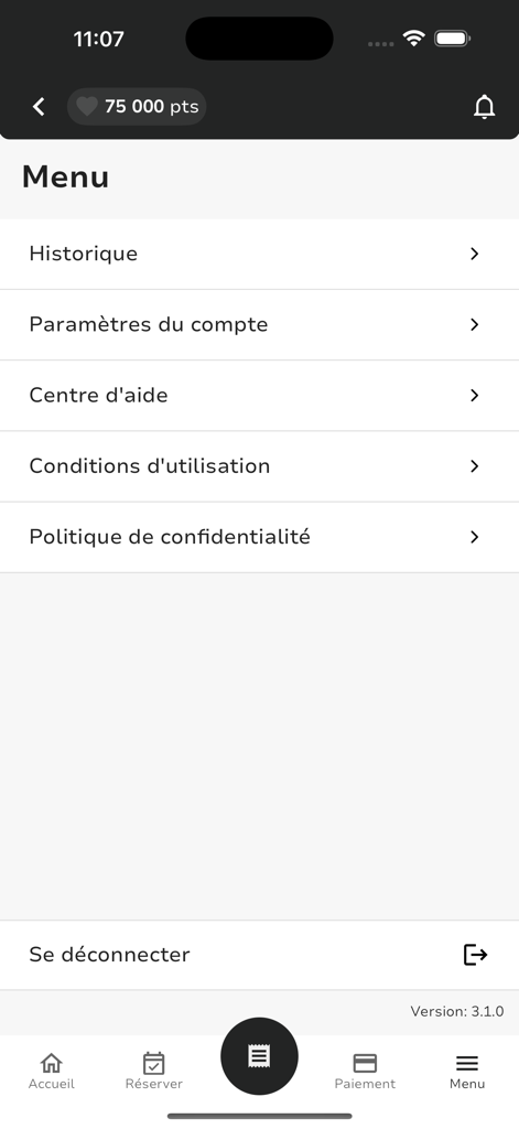 Plaisirs et Privilèges - Account menu of the Plaisirs et Privileges loyalty app displaying 75000 points and account management options