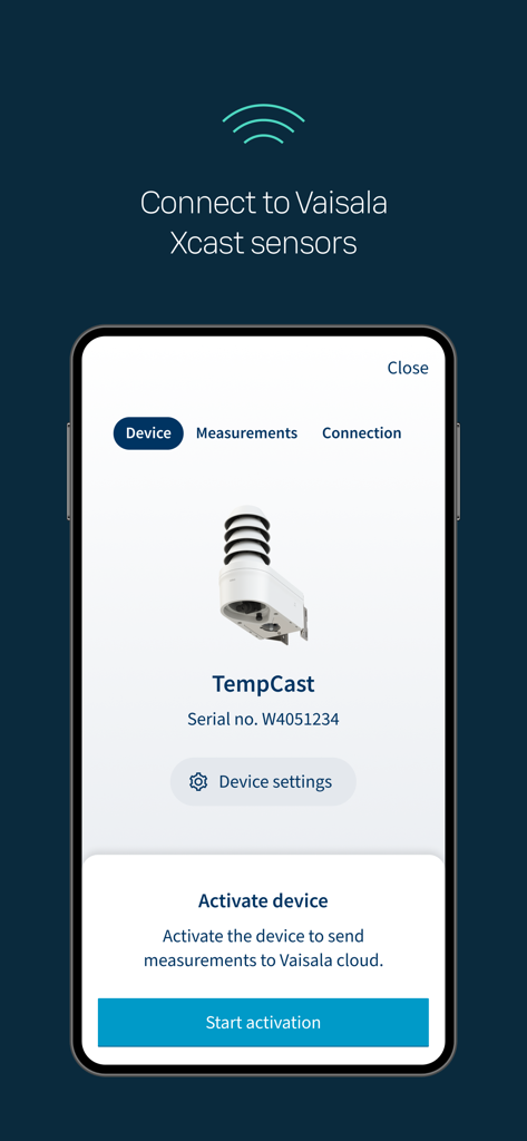 Vaisala Xcast Connect - Vaisala Xcast Connect app screen for activating a TempCast sensor.
