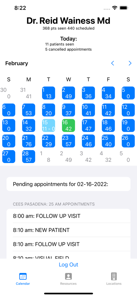 Carecloud Schedule - Mobile app screen showing a monthly clinic calendar with patient volume and a list of daily medical appointments.