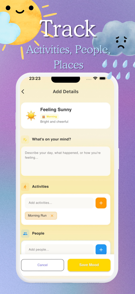 Bloom - Mood Tracker & Journal - Interface do aplicativo de rastreamento de humor Bloom mostrando uma entrada de diário com humor baseado no clima e rastreamento de atividades.