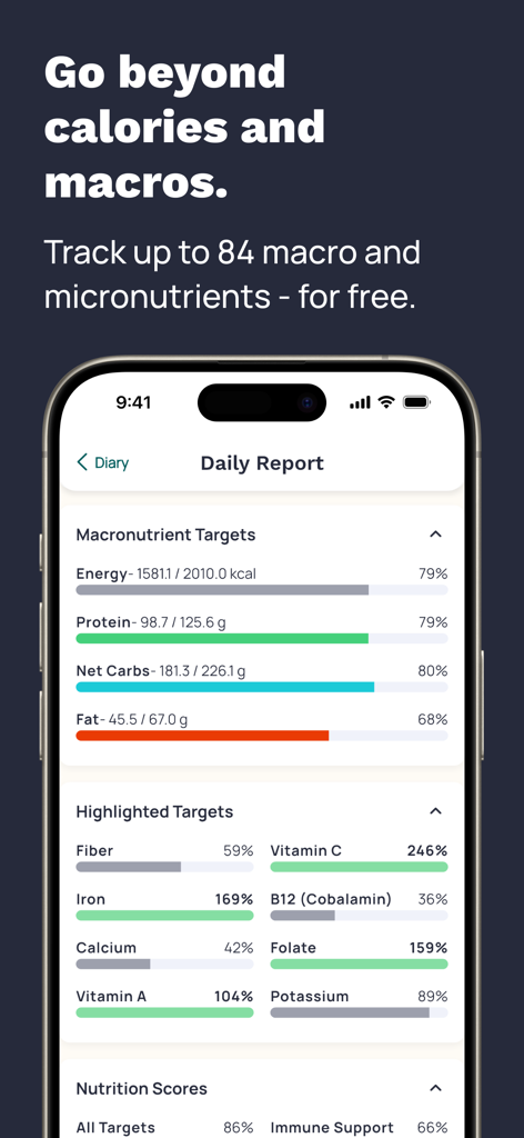 Cronometer app interface displaying daily macronutrient and micronutrient tracking progress