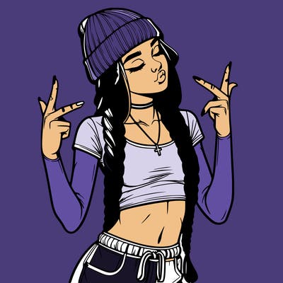 realistic teenage girl with braids and a beanie and crop top doing 🫶🏼