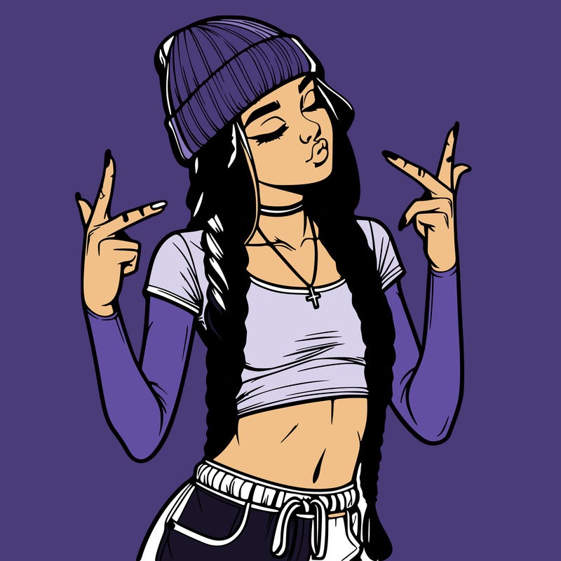 realistic teenage girl with braids and a beanie and crop top doing 🫶🏼