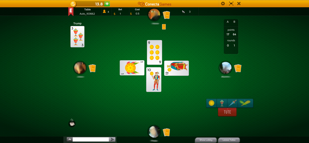 Partie en ligne du jeu de cartes Tute avec quatre joueurs et des cartes à jouer espagnoles
