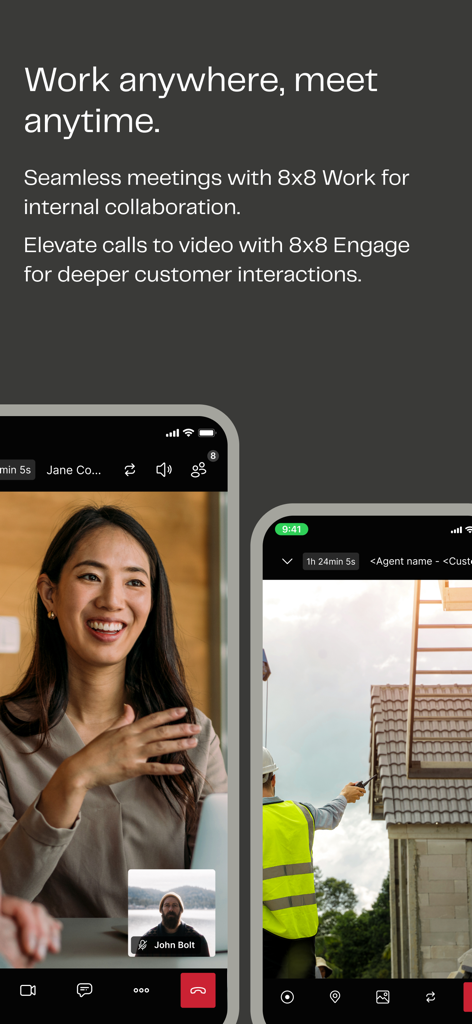 Mobile phone screens showing video call and field service collaboration in the 8x8 Work app
